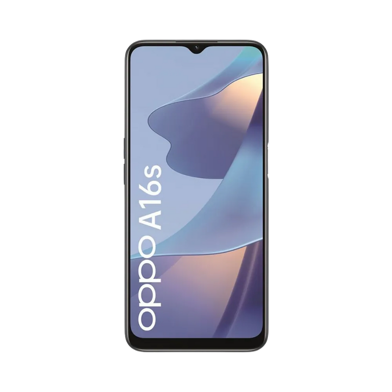 Oppo A16s affiché en vue frontale avec écran allumé sur fond bleu clair et beige. Illustration iTelier Lyon pour réparation écran cassé, vitre tactile, diagnostic offert et service rapide garanti.