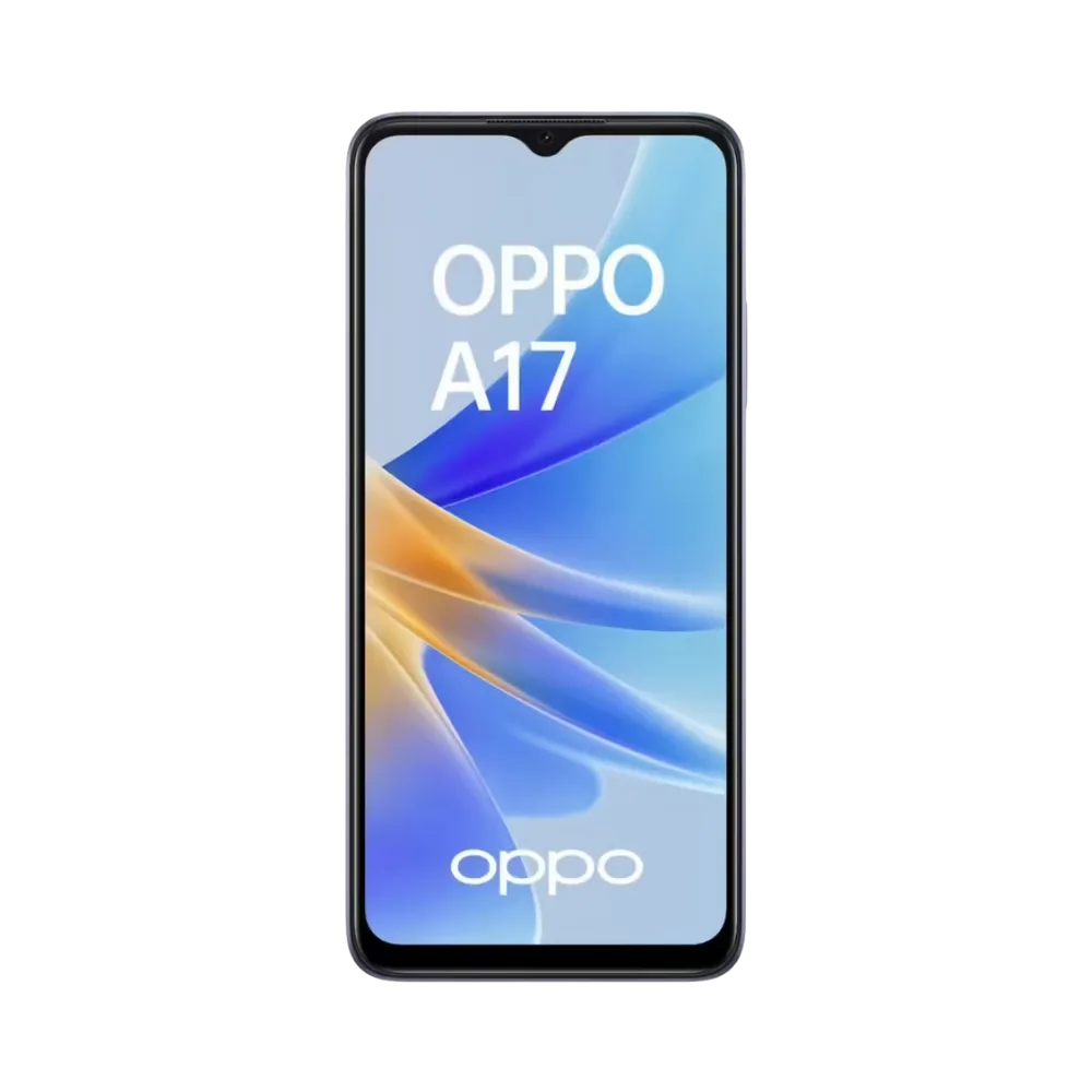 Oppo A17 affiché en vue frontale avec écran allumé sur fond bleu, orange et blanc. Illustration iTelier Lyon pour réparation écran cassé, vitre tactile, diagnostic offert et service rapide garanti.