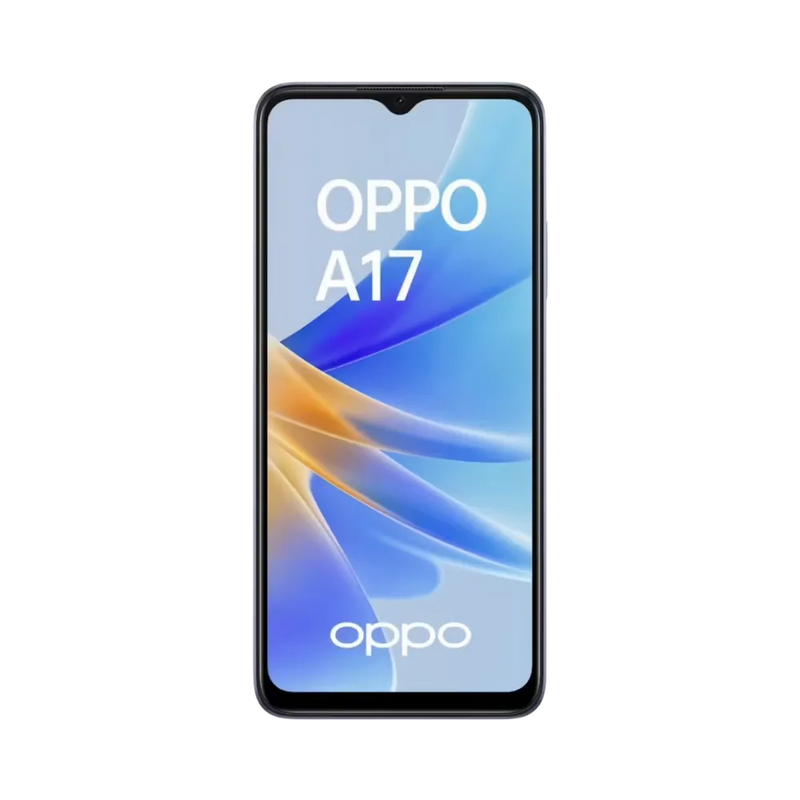 Oppo A17 affiché en vue frontale avec écran allumé sur fond bleu, orange et blanc. Illustration iTelier Lyon pour réparation écran cassé, vitre tactile, diagnostic offert et service rapide garanti.