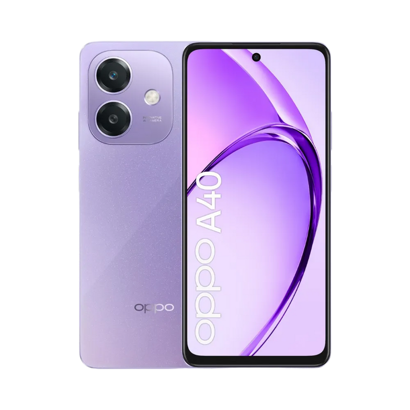 Photo Oppo A40 en vue avant avec écran allumé et arrière violet clair visible, angle trois quarts. Image optimisée iTelier Lyon pour réparation écran fissuré, batterie, diagnostic gratuit et pièces garanties.