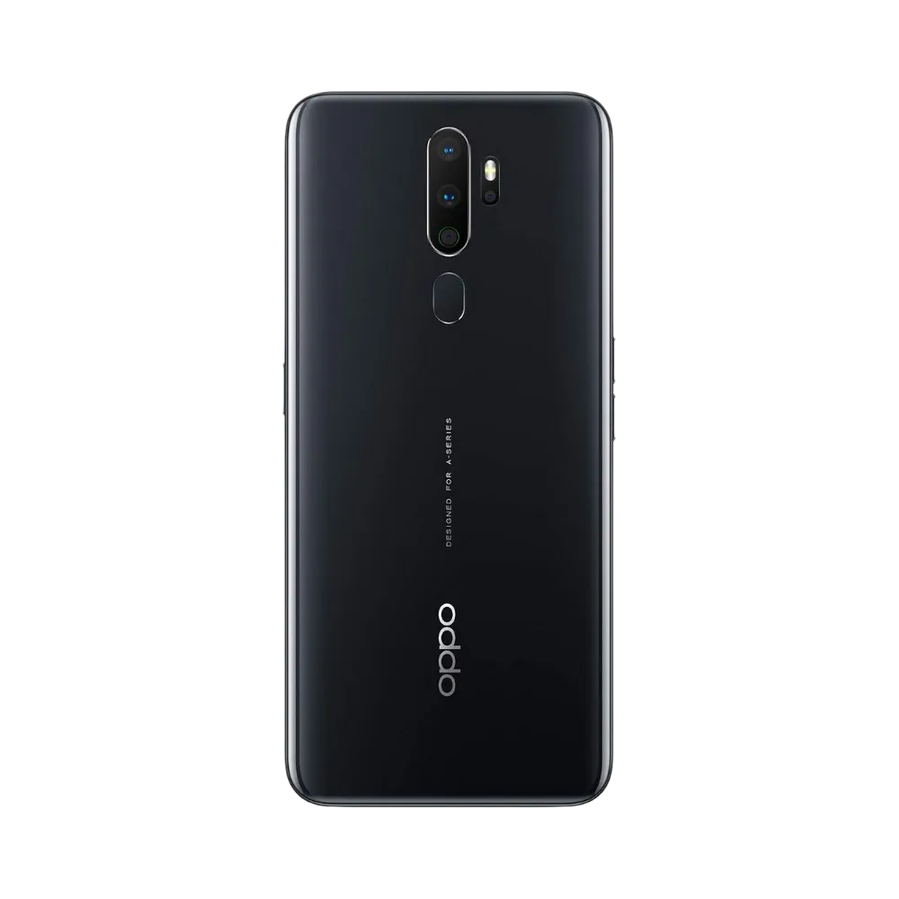 Smartphone Oppo A5 2020 en vue arrière couleur noire, quadruple module photo centré en haut avec capteur d’empreinte en dessous. Photo iTelier Lyon pour réparation vitre arrière, batterie et diagnostic gratuit.