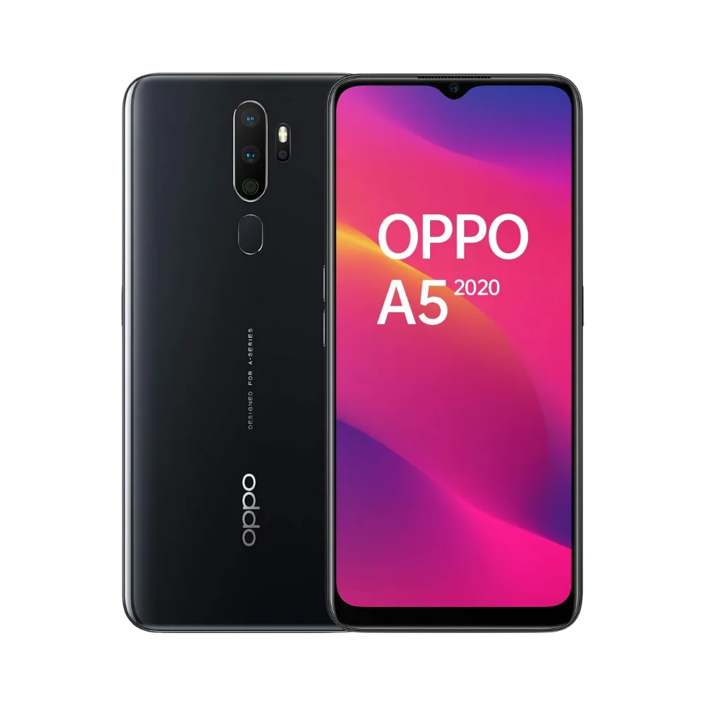 Photo Oppo A5 2020 en vue avant avec écran allumé et arrière noir visible, angle trois quarts. Image optimisée iTelier Lyon pour réparation écran fissuré, batterie, diagnostic gratuit et pièces garanties.