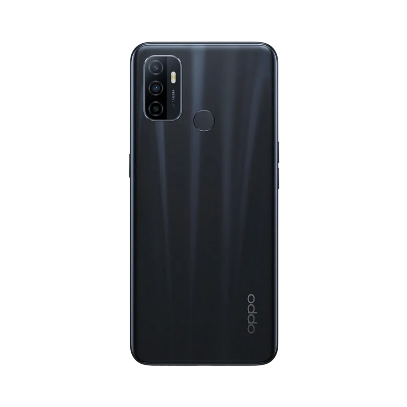 Smartphone Oppo A53 en vue arrière couleur noire, module photo rectangulaire noir bien visible en haut à gauche. Photo iTelier Lyon pour réparation vitre arrière, batterie et diagnostic gratuit.