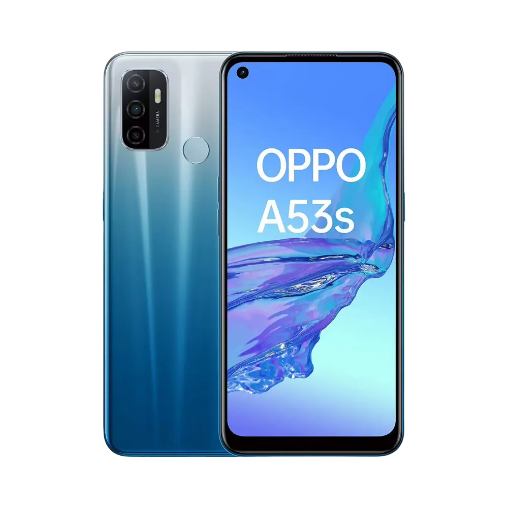 Photo Oppo A53s en vue avant avec écran allumé et arrière bleu dégradé visible, angle trois quarts. Image optimisée iTelier Lyon pour réparation écran fissuré, batterie, diagnostic gratuit et pièces garanties.