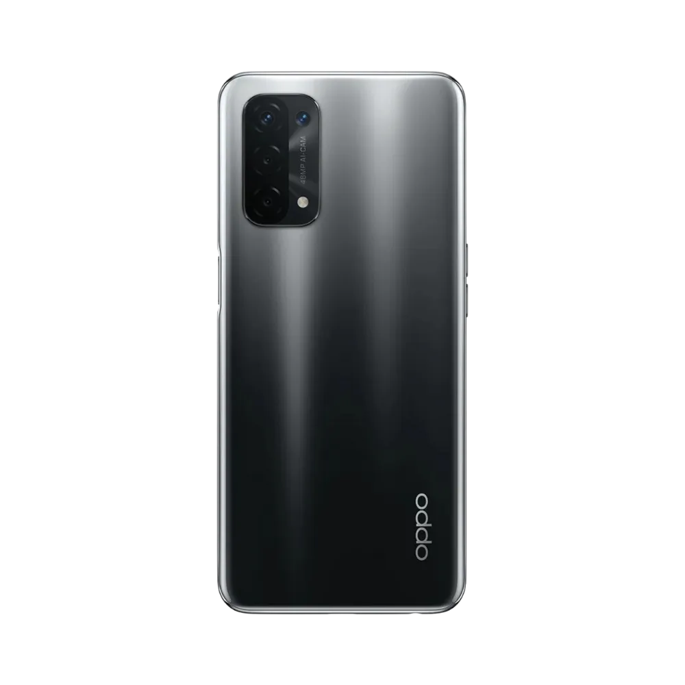 Smartphone Oppo A54 5G en vue arrière couleur gris foncé, module photo rectangulaire noir bien visible en haut à gauche. Photo iTelier Lyon pour réparation vitre arrière, batterie et diagnostic gratuit.