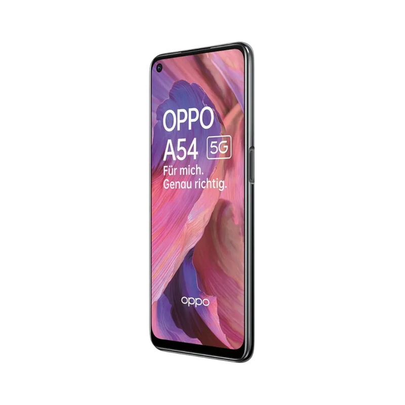 Oppo A54 5G affiché en vue frontale avec écran allumé sur fond rouge et violet. Illustration iTelier Lyon pour réparation écran cassé, vitre tactile, diagnostic offert et service rapide garanti.