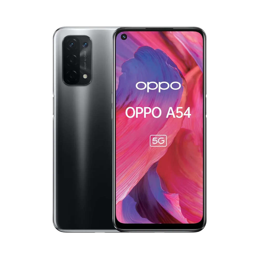 Photo Oppo A54 5G en vue avant avec écran allumé et arrière noir visible, angle trois quarts. Image optimisée iTelier Lyon pour réparation écran fissuré, batterie, diagnostic gratuit et pièces garanties.