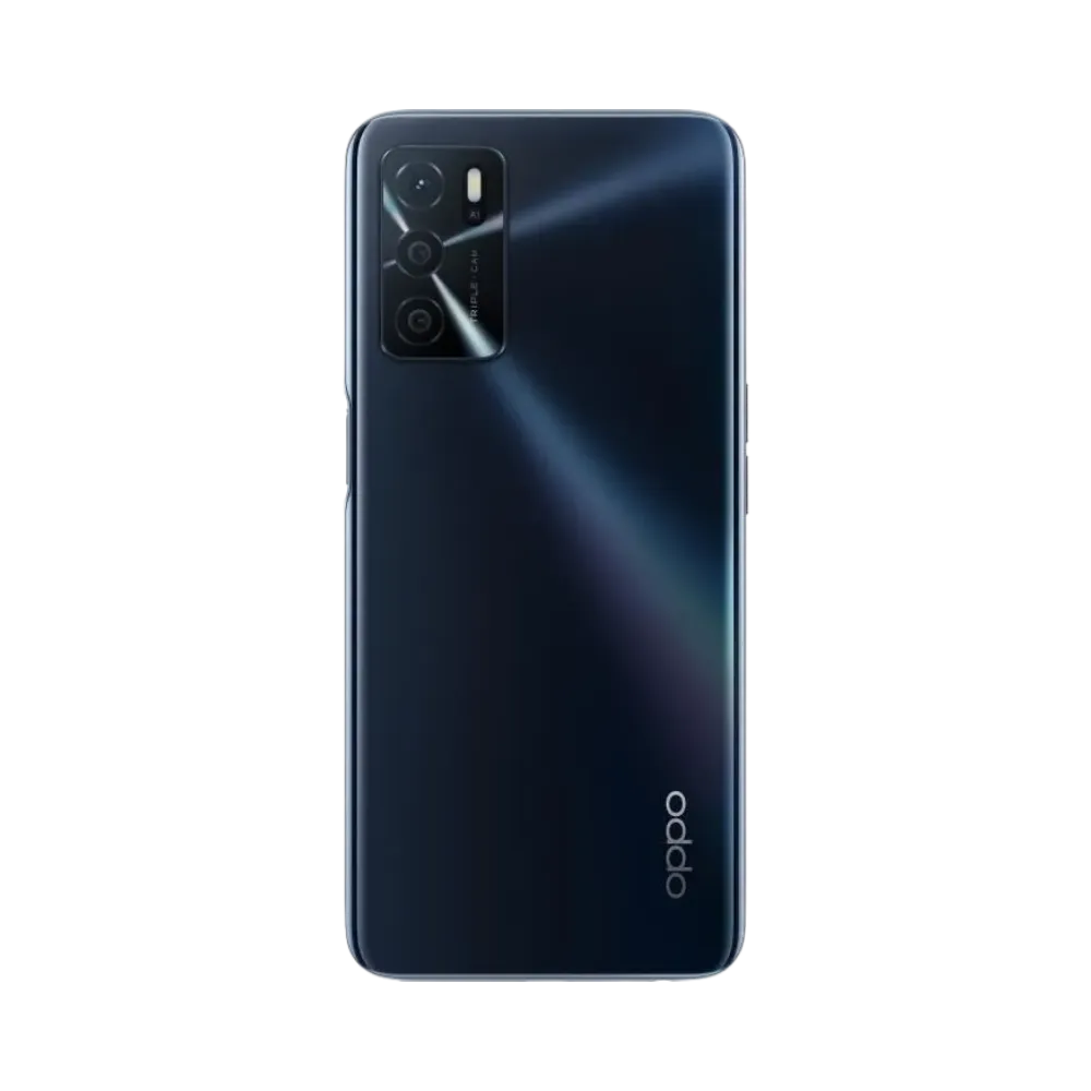 Smartphone Oppo A54s en vue arrière couleur bleu foncé, module photo rectangulaire en haut à gauche bien visible. Photo iTelier Lyon pour réparation vitre arrière, batterie et diagnostic gratuit.