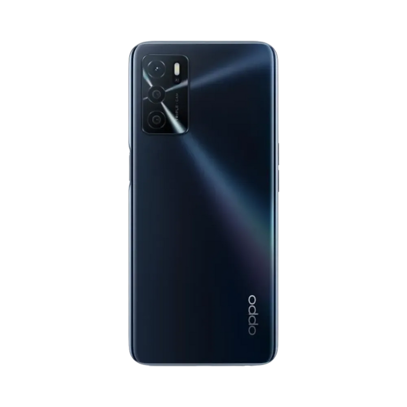 Smartphone Oppo A54s en vue arrière couleur bleu foncé, module photo rectangulaire en haut à gauche bien visible. Photo iTelier Lyon pour réparation vitre arrière, batterie et diagnostic gratuit.
