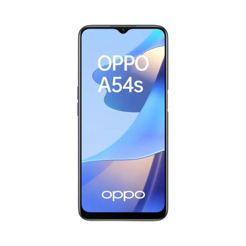 Oppo A54s affiché en vue frontale avec écran allumé sur fond bleu clair et beige. Illustration iTelier Lyon pour réparation écran cassé, vitre tactile, diagnostic offert et service rapide garanti.