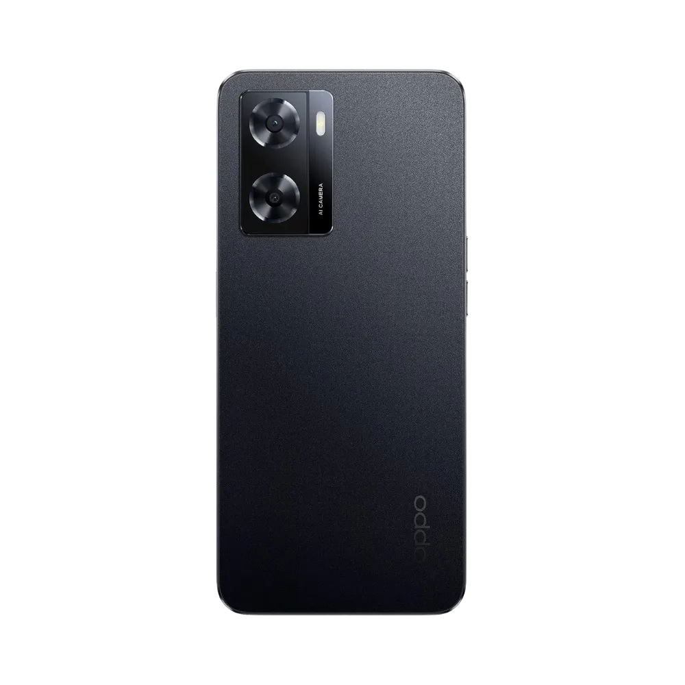 Smartphone Oppo A57 en vue arrière couleur noire, double module photo rectangulaire visible en haut à gauche. Photo iTelier Lyon pour réparation vitre arrière, batterie et diagnostic gratuit.