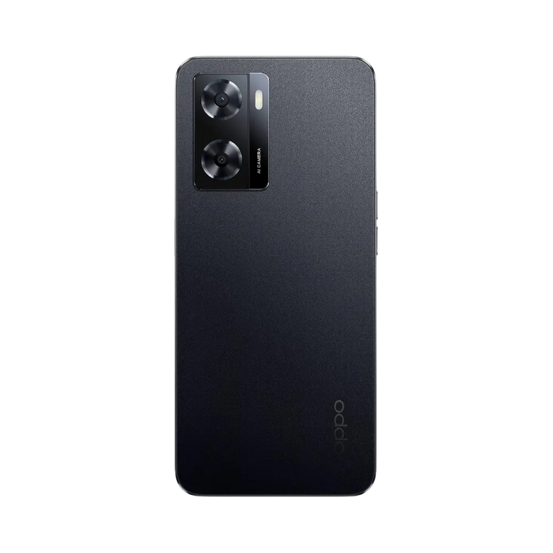Smartphone Oppo A57 en vue arrière couleur noire, double module photo rectangulaire visible en haut à gauche. Photo iTelier Lyon pour réparation vitre arrière, batterie et diagnostic gratuit.