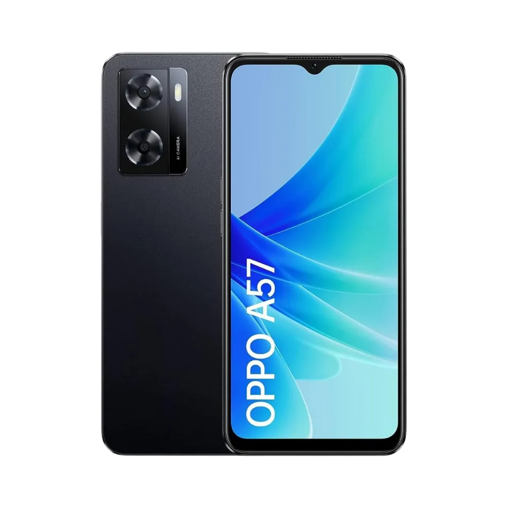 Photo Oppo A57 en vue avant avec écran allumé et arrière noir visible, angle trois quarts. Image optimisée iTelier Lyon pour réparation écran fissuré, batterie, diagnostic gratuit et pièces garanties.