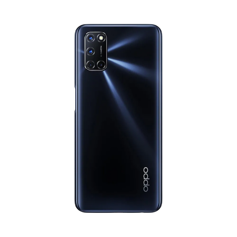 Smartphone Oppo A72 en vue arrière couleur noire, module photo rectangulaire bien visible en haut à gauche. Photo iTelier Lyon pour réparation vitre arrière, batterie et diagnostic gratuit garanti.