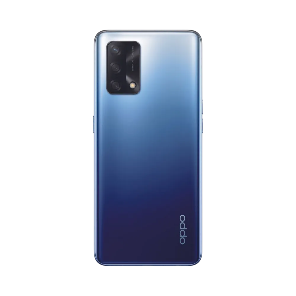 Smartphone Oppo A74 4G en vue arrière couleur bleu dégradé foncé, module photo rectangulaire noir en haut à gauche. Photo iTelier Lyon pour réparation vitre arrière, batterie et diagnostic offert.