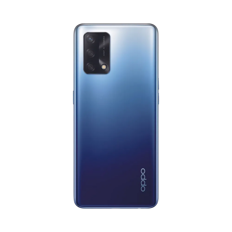 Smartphone Oppo A74 4G en vue arrière couleur bleu dégradé foncé, module photo rectangulaire noir en haut à gauche. Photo iTelier Lyon pour réparation vitre arrière, batterie et diagnostic offert.