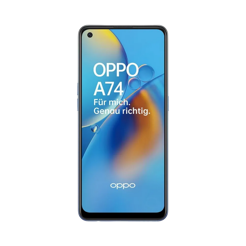 Oppo A74 4G affiché en vue frontale avec écran allumé sur fond bleu et orange. Illustration iTelier Lyon pour réparation écran cassé, vitre tactile, diagnostic offert et service rapide garanti.