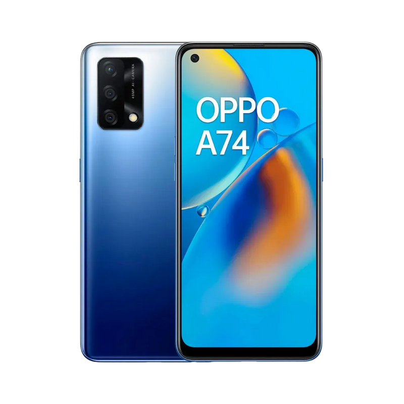 Photo Oppo A74 4G en vue avant avec écran allumé et arrière bleu visible, angle trois quarts. Image optimisée iTelier Lyon pour réparation écran fissuré, batterie, diagnostic gratuit et pièces garanties.