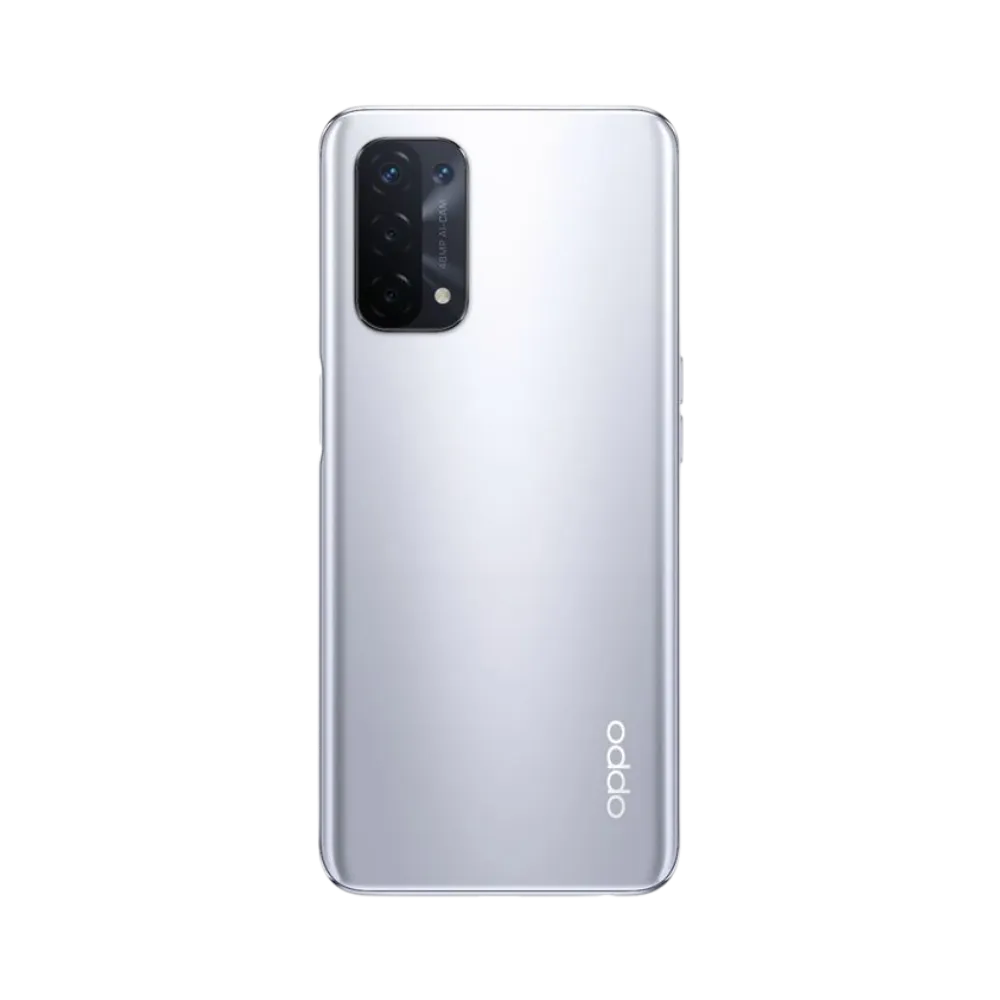 Smartphone Oppo A74 5G en vue arrière couleur argentée, module photo rectangulaire noir bien visible en haut à gauche. Photo iTelier Lyon pour réparation vitre arrière, batterie et diagnostic offert.