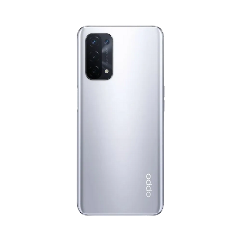 Smartphone Oppo A74 5G en vue arrière couleur argentée, module photo rectangulaire noir bien visible en haut à gauche. Photo iTelier Lyon pour réparation vitre arrière, batterie et diagnostic offert.