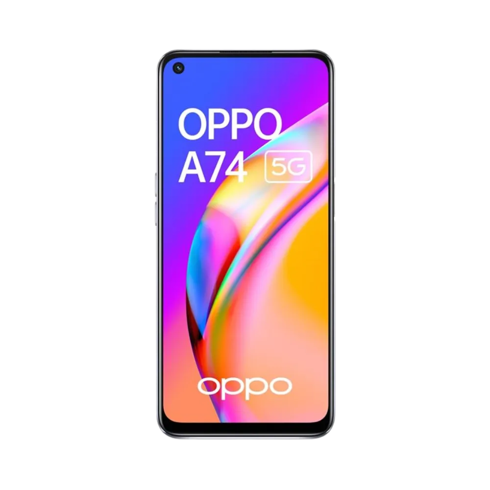 Oppo A74 5G affiché en vue frontale avec écran allumé, fond violet et orange vif. Illustration iTelier Lyon pour réparation écran cassé, vitre tactile, diagnostic offert et service rapide garanti.