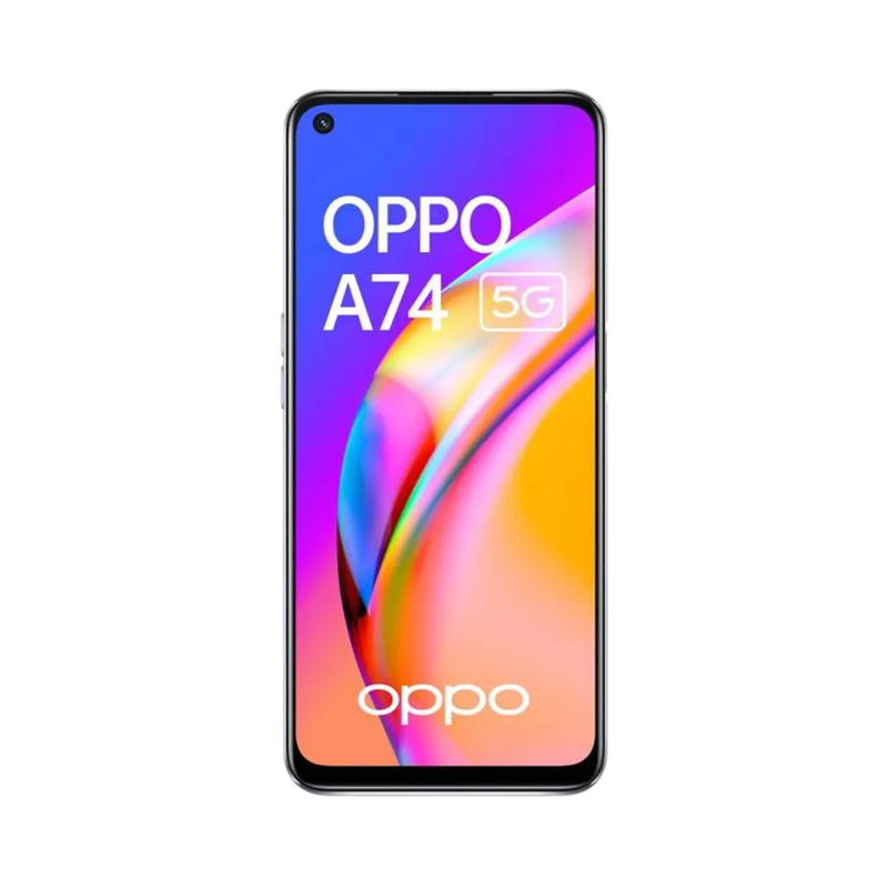 Oppo A74 5G affiché en vue frontale avec écran allumé, fond violet et orange vif. Illustration iTelier Lyon pour réparation écran cassé, vitre tactile, diagnostic offert et service rapide garanti.