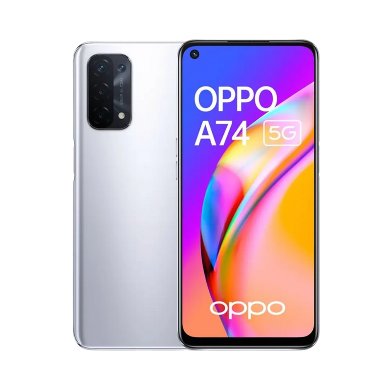Photo Oppo A74 5G en vue avant avec écran allumé et arrière argenté visible, angle trois quarts. Image optimisée iTelier Lyon pour réparation écran fissuré, batterie, diagnostic gratuit et pièces garanties.