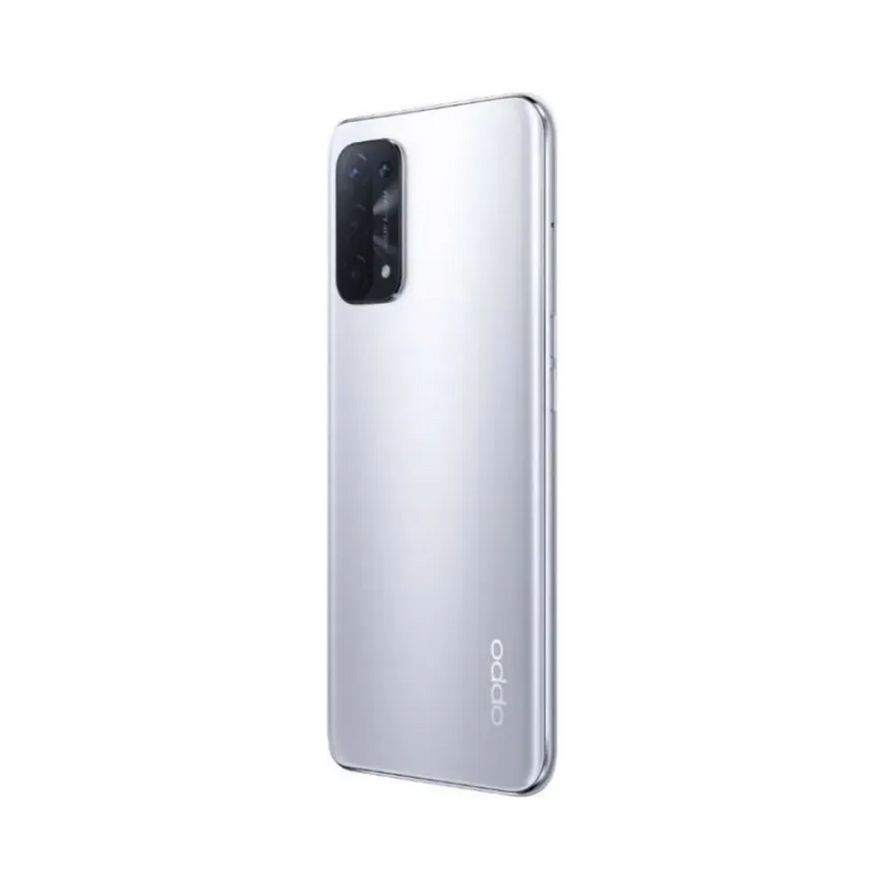 Oppo A74 5G présenté de profil droit, finesse du design et emplacement du tiroir SIM visibles. Photo optimisée iTelier Lyon pour réparation tiroir SIM, châssis et diagnostic gratuit garanti.