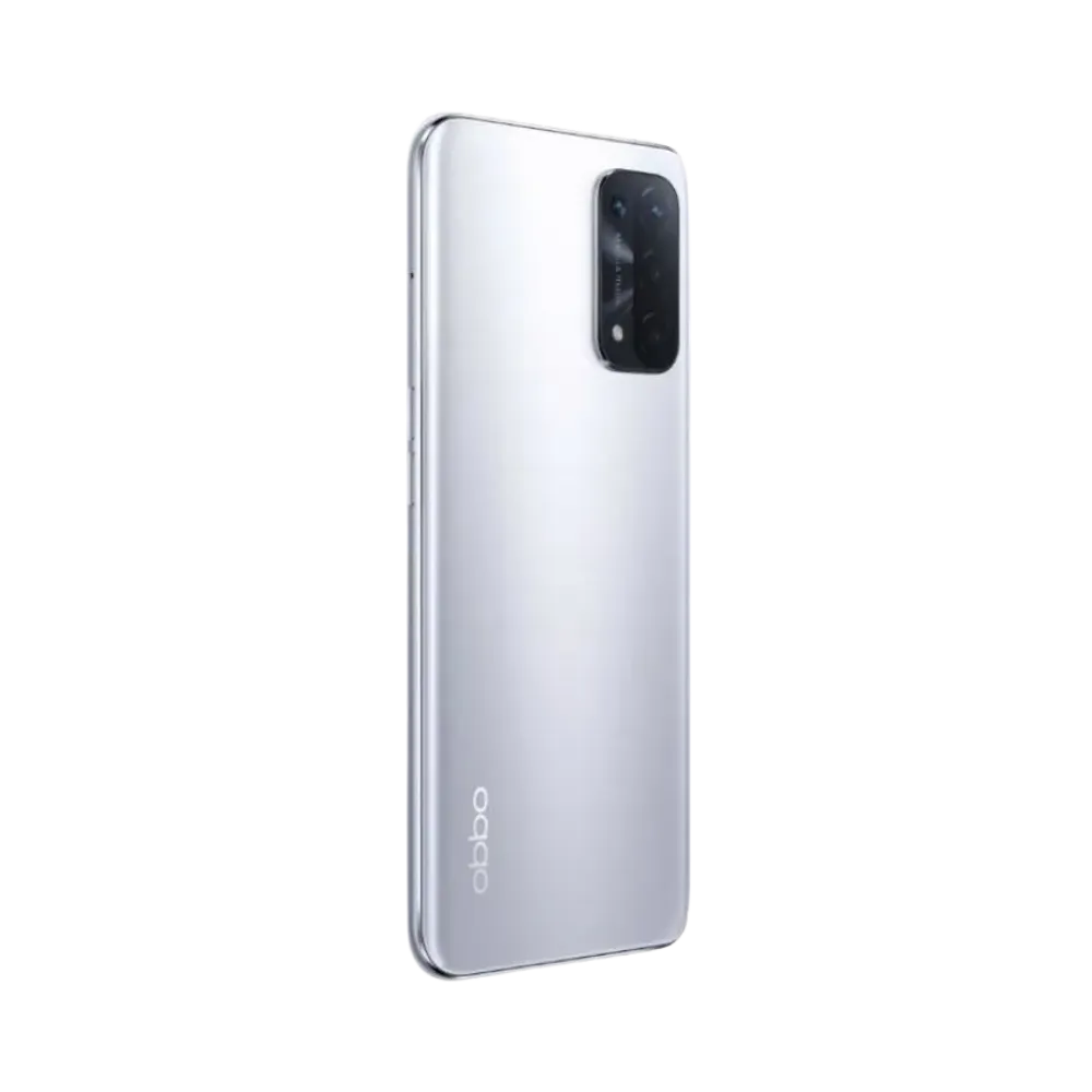 Oppo A74 5G montré de profil gauche, finesse du cadre argenté et boutons latéraux visibles. Image optimisée iTelier Lyon pour réparation boutons, connecteur et diagnostic gratuit avec garantie.