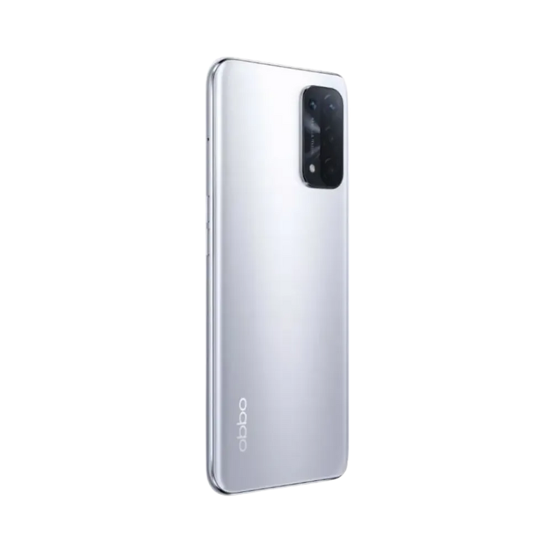 Oppo A74 5G montré de profil gauche, finesse du cadre argenté et boutons latéraux visibles. Image optimisée iTelier Lyon pour réparation boutons, connecteur et diagnostic gratuit avec garantie.