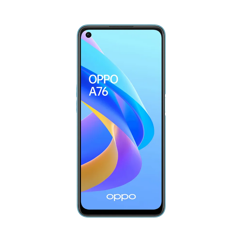 Oppo A76 affiché en vue frontale avec écran allumé sur fond bleu et orange. Illustration iTelier Lyon pour réparation écran fissuré, vitre tactile, diagnostic offert et service rapide garanti.