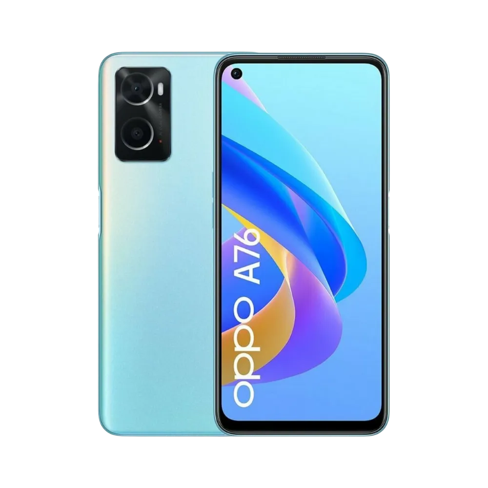 Photo Oppo A76 en vue avant avec écran allumé et dos bleu clair visible, angle trois quarts. Image optimisée iTelier Lyon pour réparation écran cassé, batterie, diagnostic gratuit et pièces garanties.