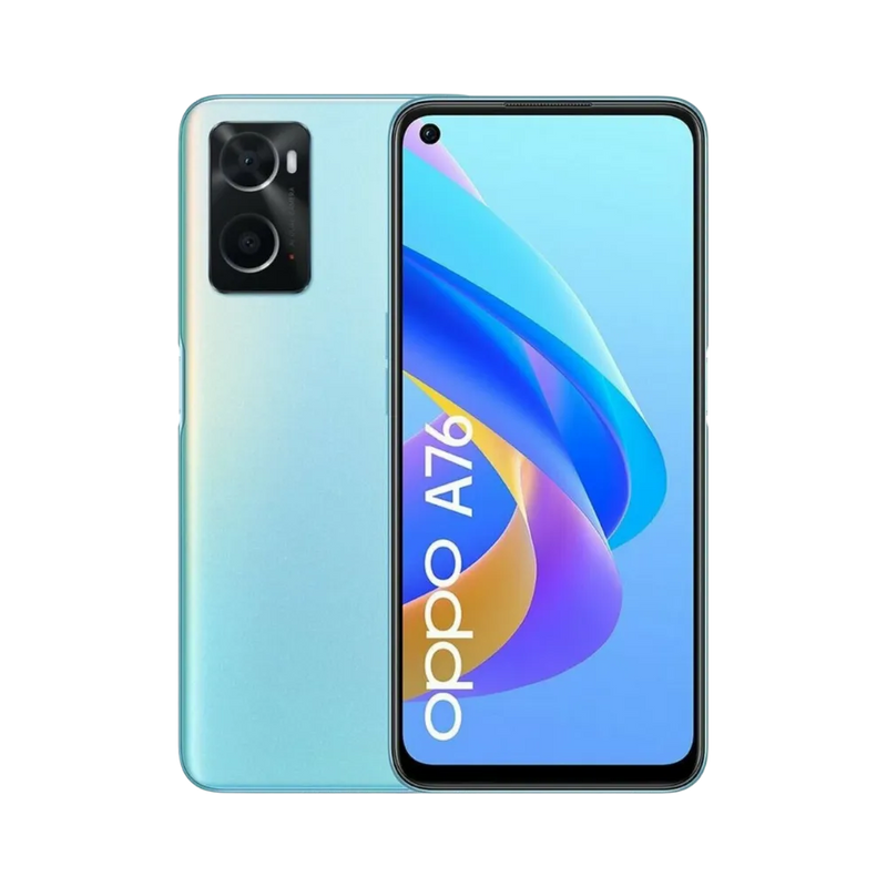 Photo Oppo A76 en vue avant avec écran allumé et dos bleu clair visible, angle trois quarts. Image optimisée iTelier Lyon pour réparation écran cassé, batterie, diagnostic gratuit et pièces garanties.