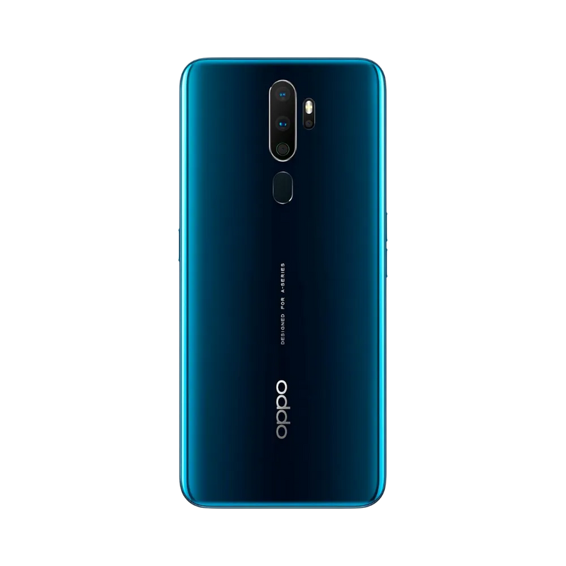 Smartphone Oppo A9 2020 en vue arrière couleur bleu dégradé, quadruple module photo centré en haut avec capteur d’empreinte en dessous. Photo iTelier Lyon pour réparation vitre arrière, batterie et diagnostic gratuit.
