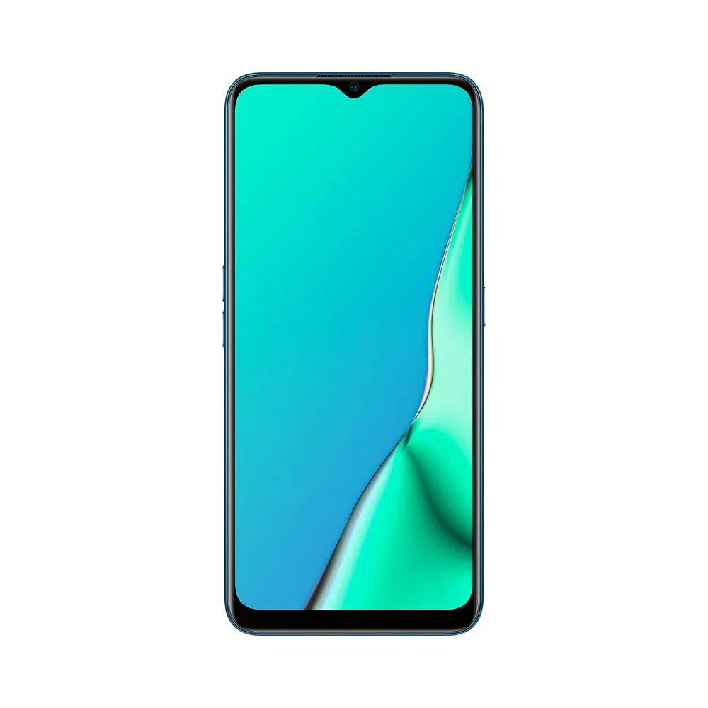 Oppo A9 2020 affiché en vue frontale avec écran allumé sur fond vert et bleu. Illustration iTelier Lyon pour réparation écran cassé, vitre tactile, diagnostic offert et service rapide garanti.