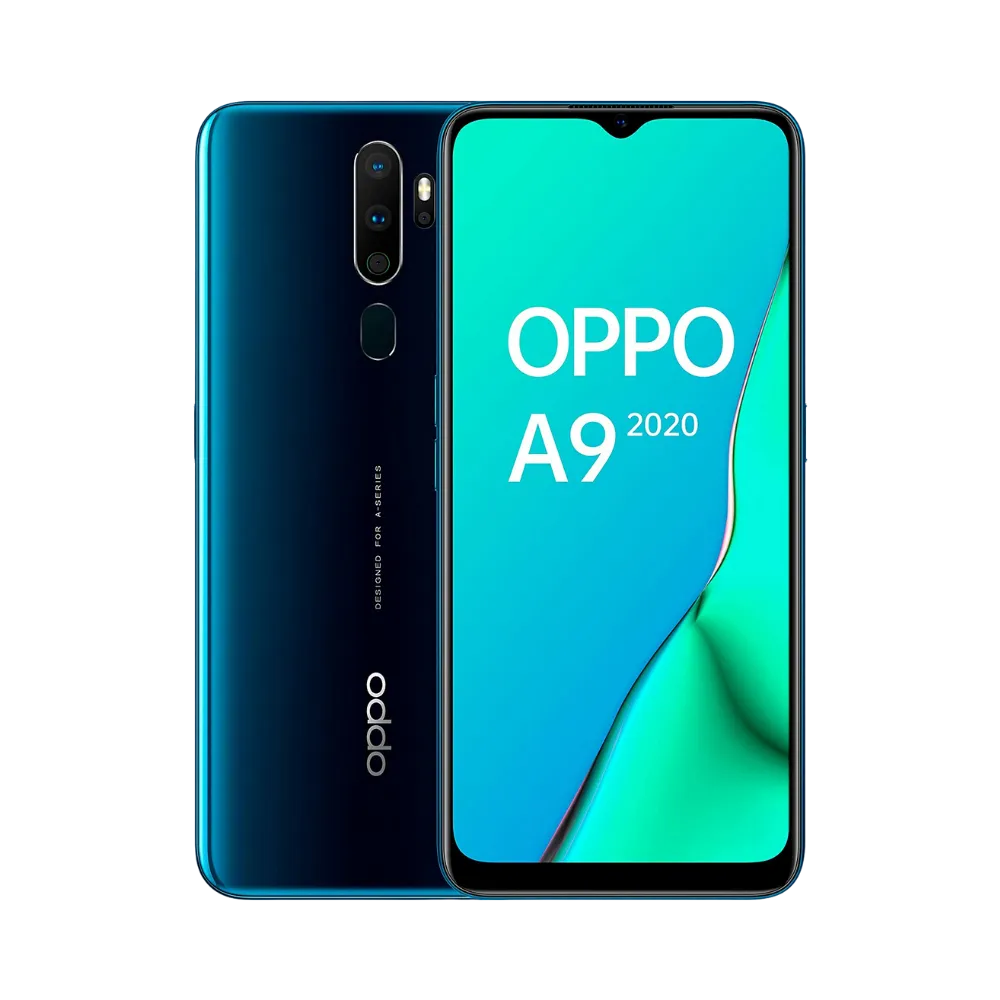 Photo Oppo A9 2020 en vue avant avec écran allumé et arrière bleu dégradé visible, angle trois quarts. Image optimisée iTelier Lyon pour réparation écran fissuré, batterie, diagnostic gratuit et pièces garanties.