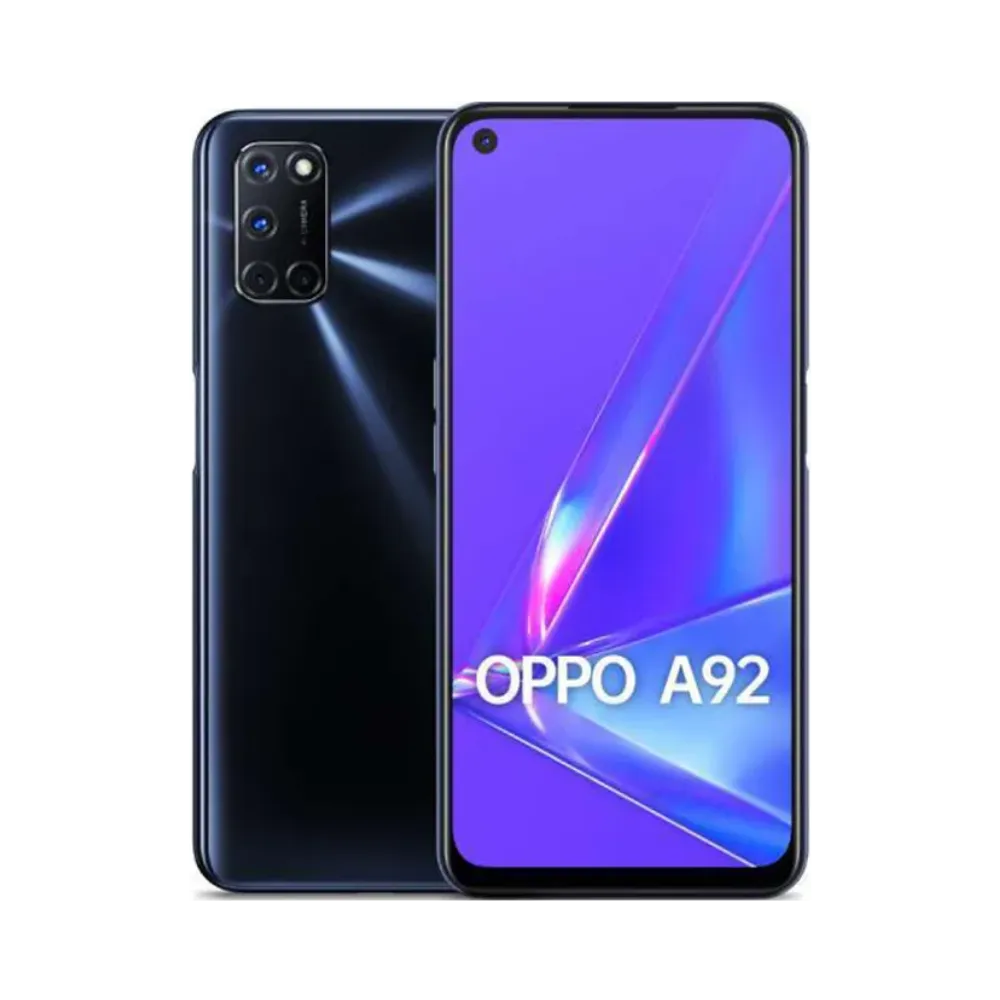 Photo Oppo A92 en vue avant avec écran allumé et dos noir visible à l’arrière, angle trois quarts. Image optimisée iTelier Lyon pour réparation écran cassé, batterie, diagnostic offert et garantie.