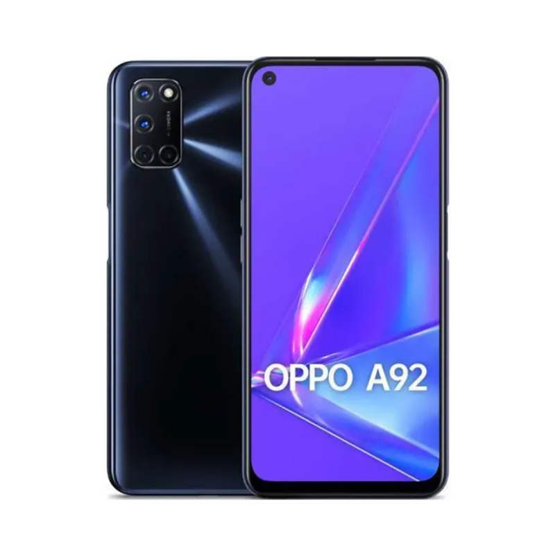 Photo Oppo A92 en vue avant avec écran allumé et dos noir visible à l’arrière, angle trois quarts. Image optimisée iTelier Lyon pour réparation écran cassé, batterie, diagnostic offert et garantie.