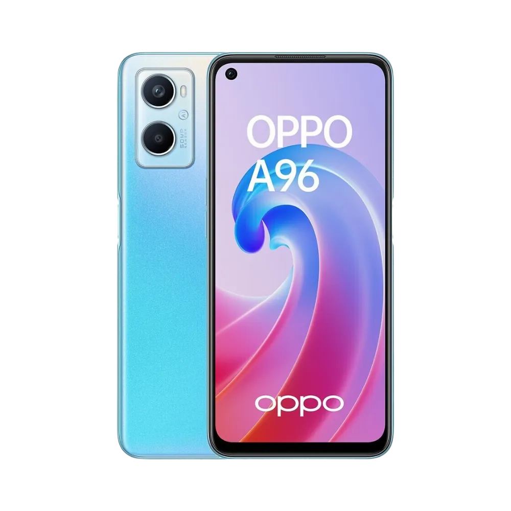 Photo Oppo A96 en vue avant avec écran allumé, angle trois quarts montrant aussi l’arrière bleu, utilisé pour fiche réparation iTelier Lyon écran cassé, batterie, diagnostic et pièces garanties.