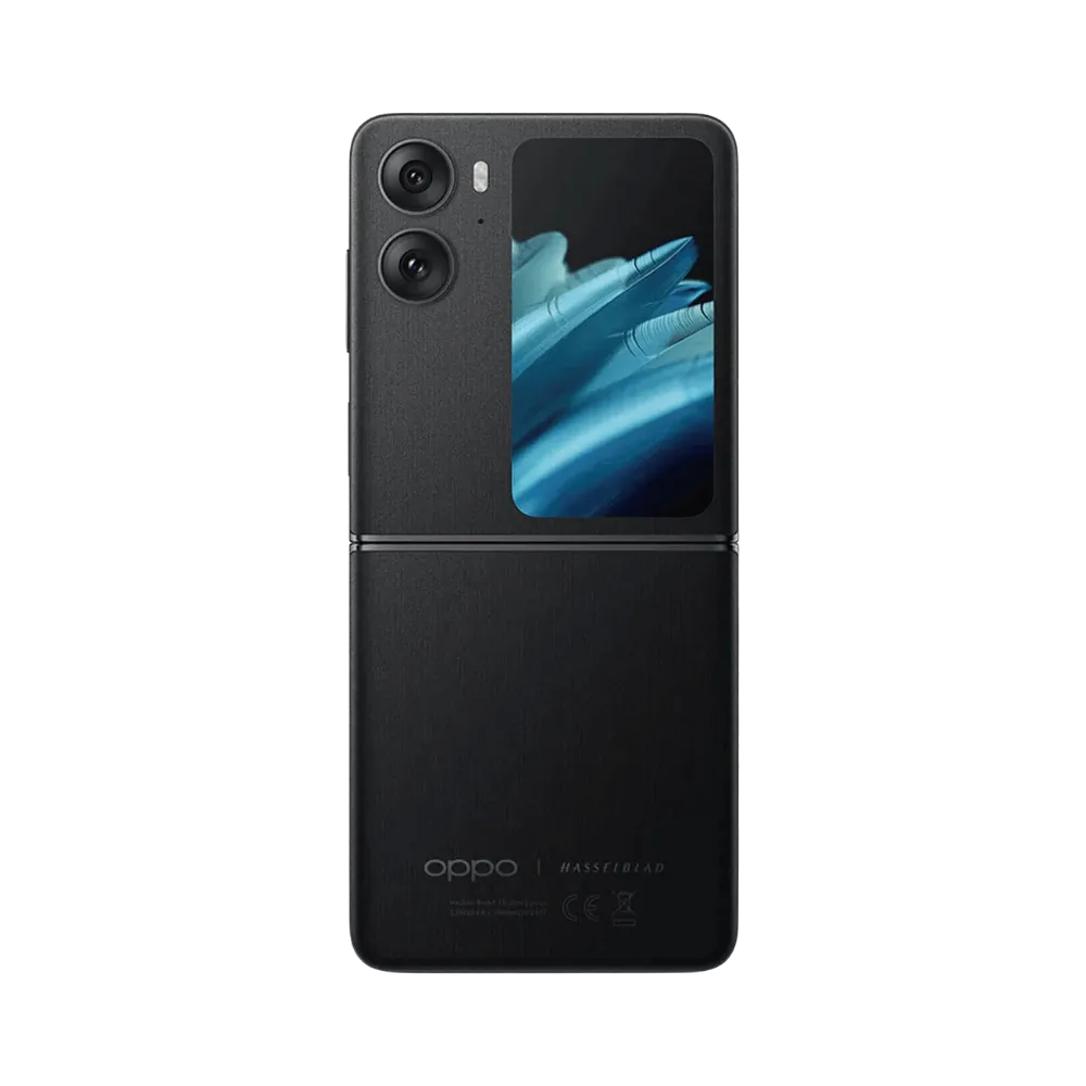 Smartphone Oppo Find N2 Flip en vue arrière couleur noire, double module photo et écran secondaire bien visibles. Photo iTelier Lyon pour réparation vitre arrière, batterie et diagnostic gratuit garanti.