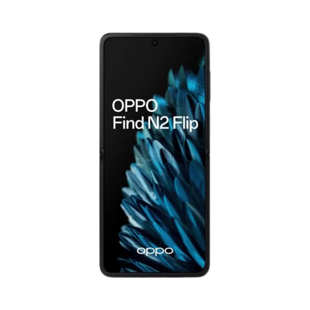 Oppo Find N2 Flip affiché en vue frontale avec écran pliable entièrement déplié et allumé. Illustration iTelier Lyon pour réparation écran pliable, vitre tactile, diagnostic offert et service rapide garanti.