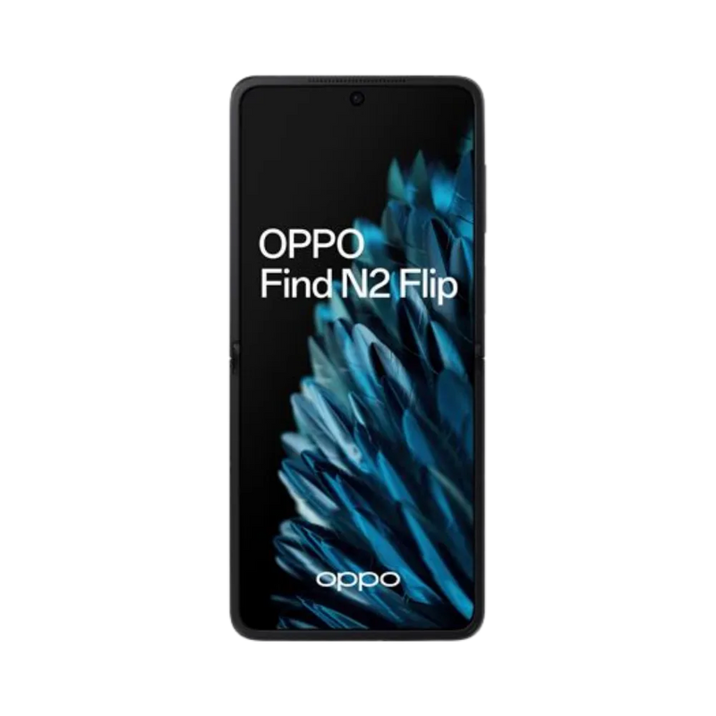 Oppo Find N2 Flip affiché en vue frontale avec écran pliable entièrement déplié et allumé. Illustration iTelier Lyon pour réparation écran pliable, vitre tactile, diagnostic offert et service rapide garanti.
