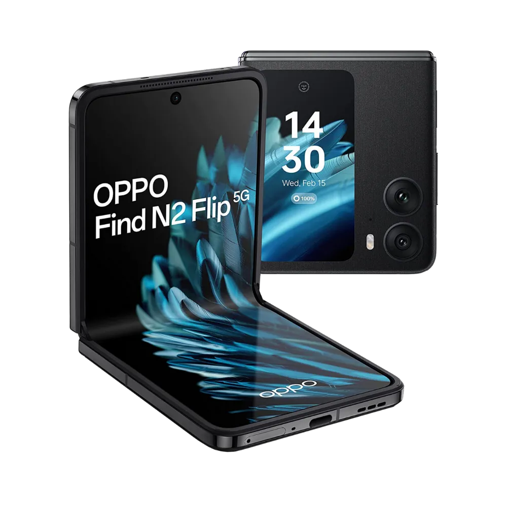 Oppo Find N2 Flip montré en position semi-pliée avec écran principal allumé et charnière visible. Photo optimisée iTelier Lyon pour réparation écran pliable, charnière et diagnostic gratuit.