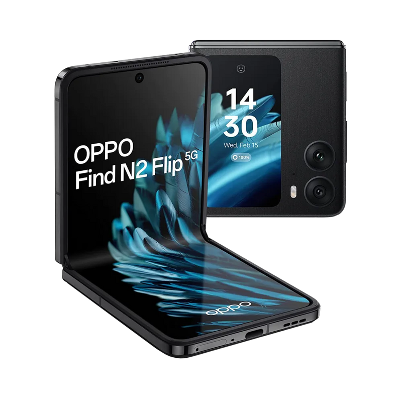 Oppo Find N2 Flip montré en position semi-pliée avec écran principal allumé et charnière visible. Photo optimisée iTelier Lyon pour réparation écran pliable, charnière et diagnostic gratuit.