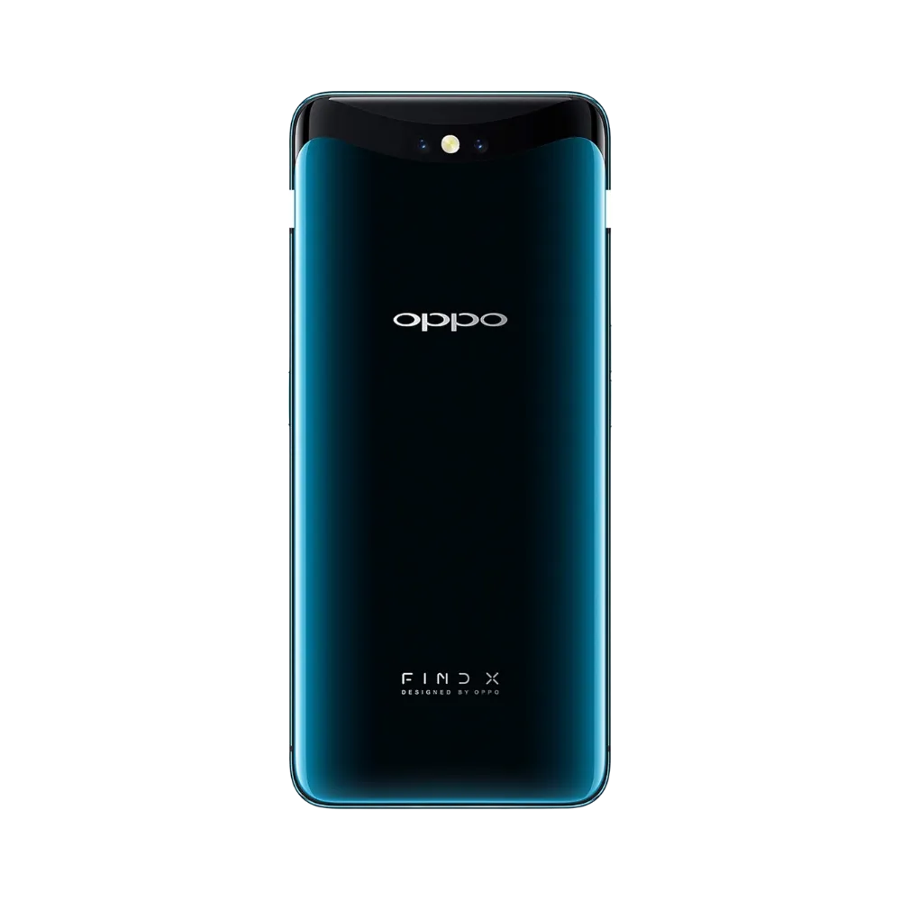 Smartphone Oppo Find X en vue arrière bleu foncé dégradé, module photo escamotable centré discret. Photo iTelier Lyon pour réparation vitre arrière, batterie et diagnostic gratuit avec garantie.