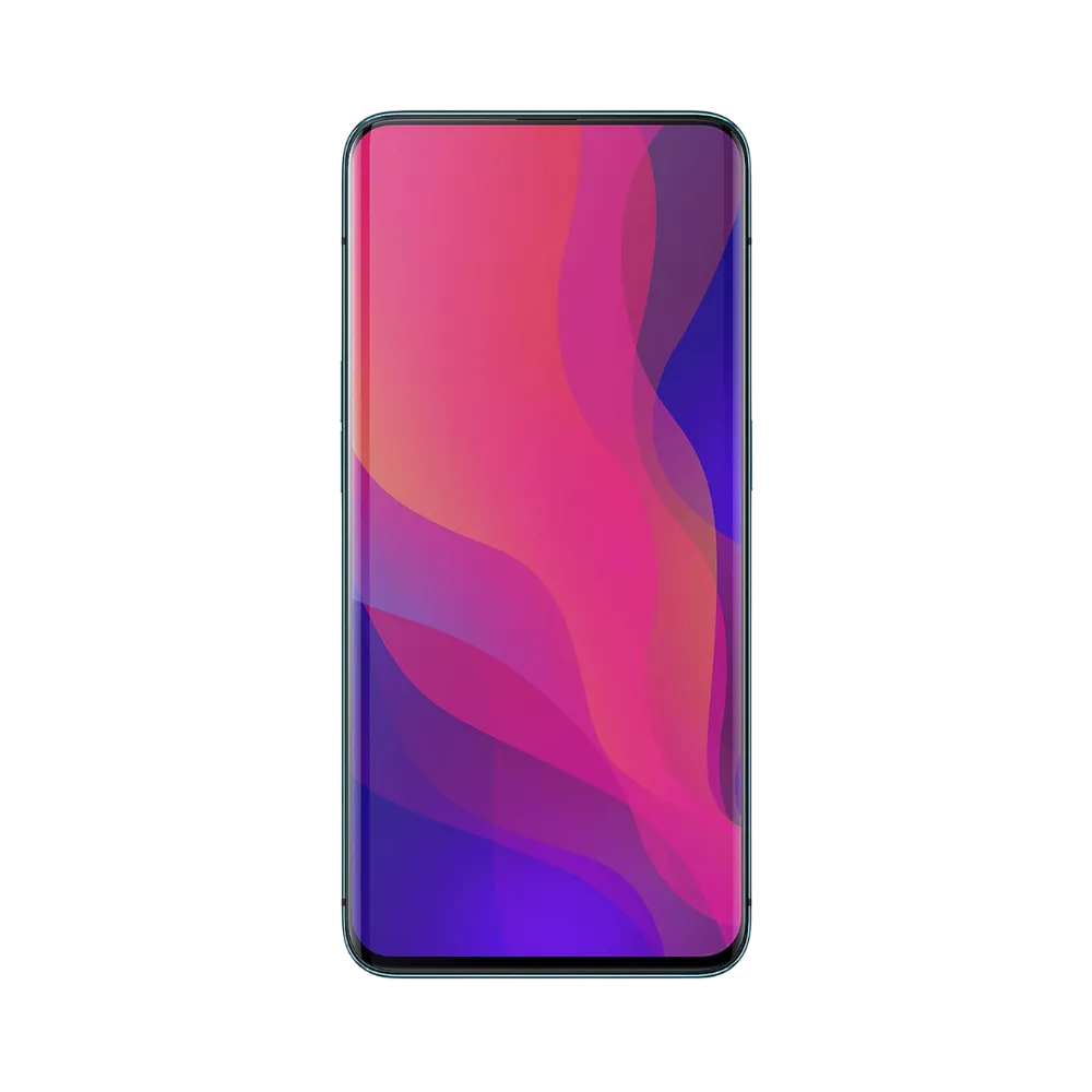 Oppo Find X affiché en vue frontale avec écran allumé sur fond dégradé rose et violet. Illustration iTelier Lyon pour réparation écran AMOLED, vitre tactile, diagnostic offert et service rapide garanti.