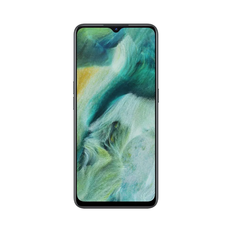 Oppo Find X2 Lite affiché en vue frontale avec écran allumé sur fond abstrait vert et jaune. Illustration iTelier Lyon pour réparation écran cassé, vitre tactile, diagnostic offert et service rapide garanti.