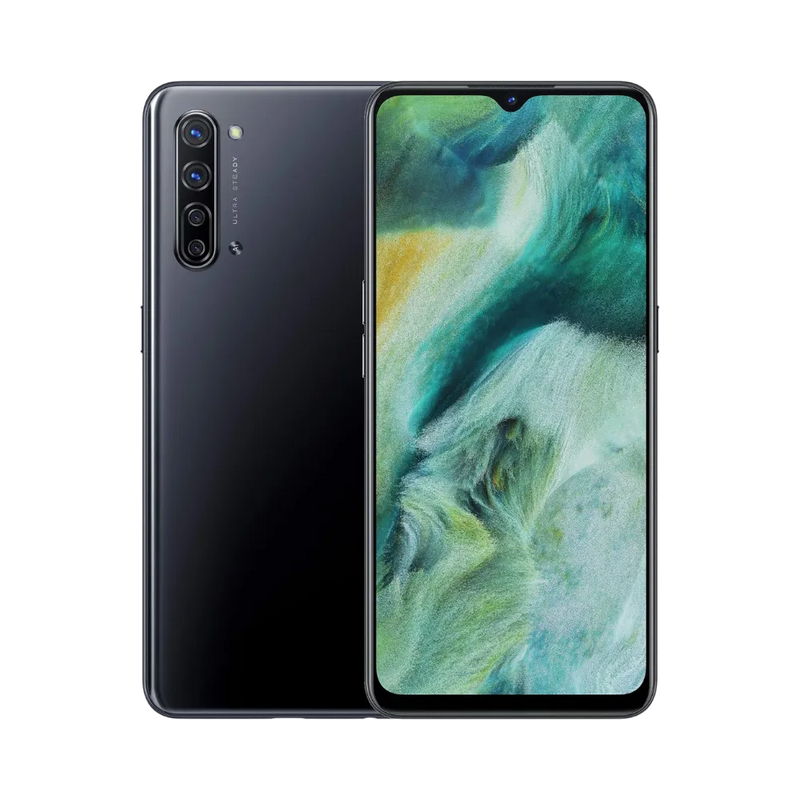 Photo Oppo Find X2 Lite en vue avant avec écran allumé et arrière noir visible, angle trois quarts. Image optimisée iTelier Lyon pour réparation écran AMOLED, batterie, diagnostic gratuit et pièces garanties.