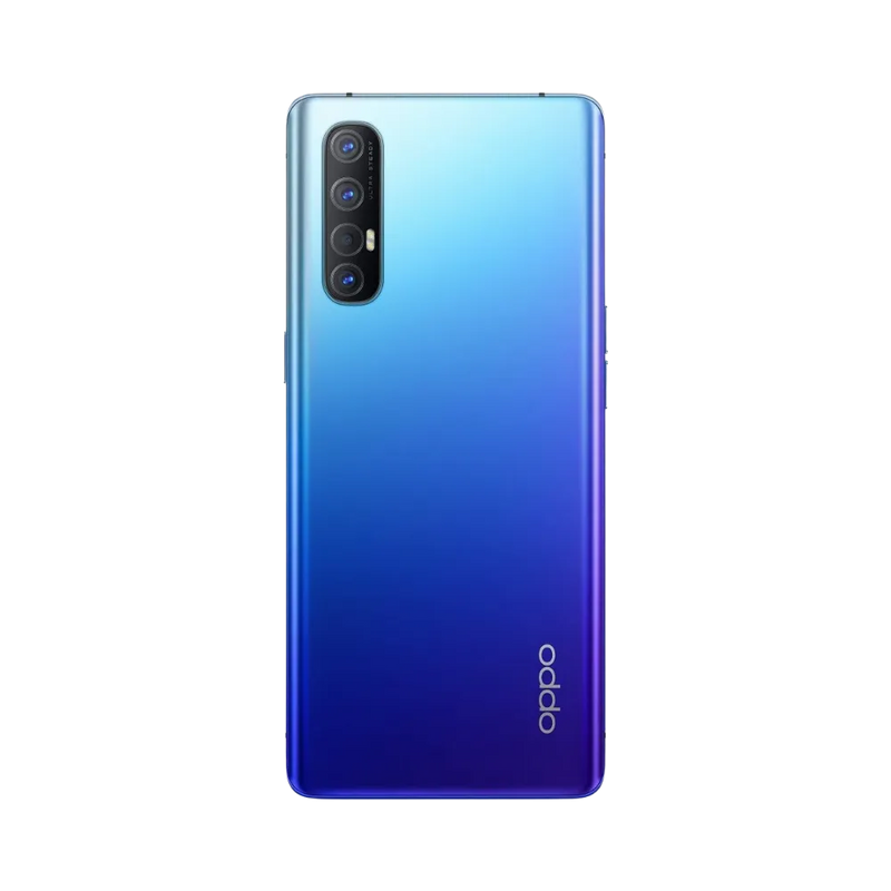 Smartphone Oppo Find X2 Neo en vue arrière couleur bleu-violet dégradé, quadruple module photo vertical en haut à gauche. Photo iTelier Lyon pour réparation vitre arrière, batterie et diagnostic gratuit.