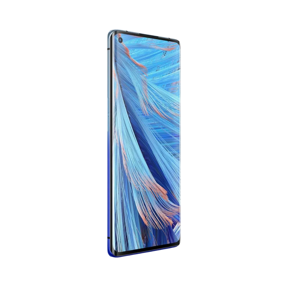 Oppo Find X2 Neo affiché en vue frontale avec écran allumé sur fond bleu clair et motifs abstraits. Illustration iTelier Lyon pour réparation écran cassé, vitre tactile, diagnostic offert et service rapide garanti.